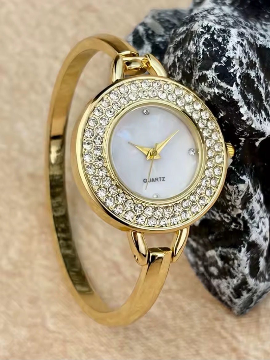 Kohls Gold Crystal Bangle Watch With MotherOfPearl Dial